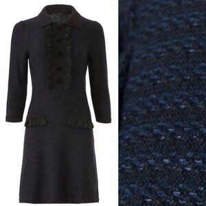 Aldomartins Wool Ruffle Bib Knit Striped Mini Shirtdress XL Black Blue